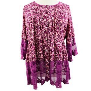 Roaman's Pink Purple Floral Lace Button-Up Tunic Romantic Bloomcore Feminine